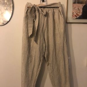 Comfy White Striped Cuffed Pants with Waist Tie